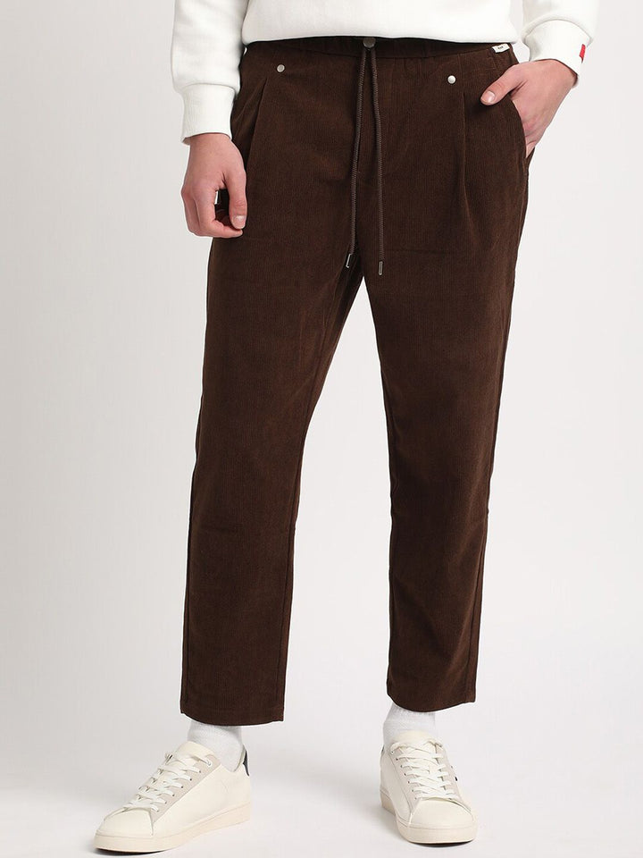 THE BEAR HOUSE Men Relaxed Loose Fit Corduroy Cotton Pleated Regular Trousers