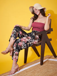 Berrylush Women Floral Printed Relaxed Straight Leg Regular Fit High-Rise Plain Trousers