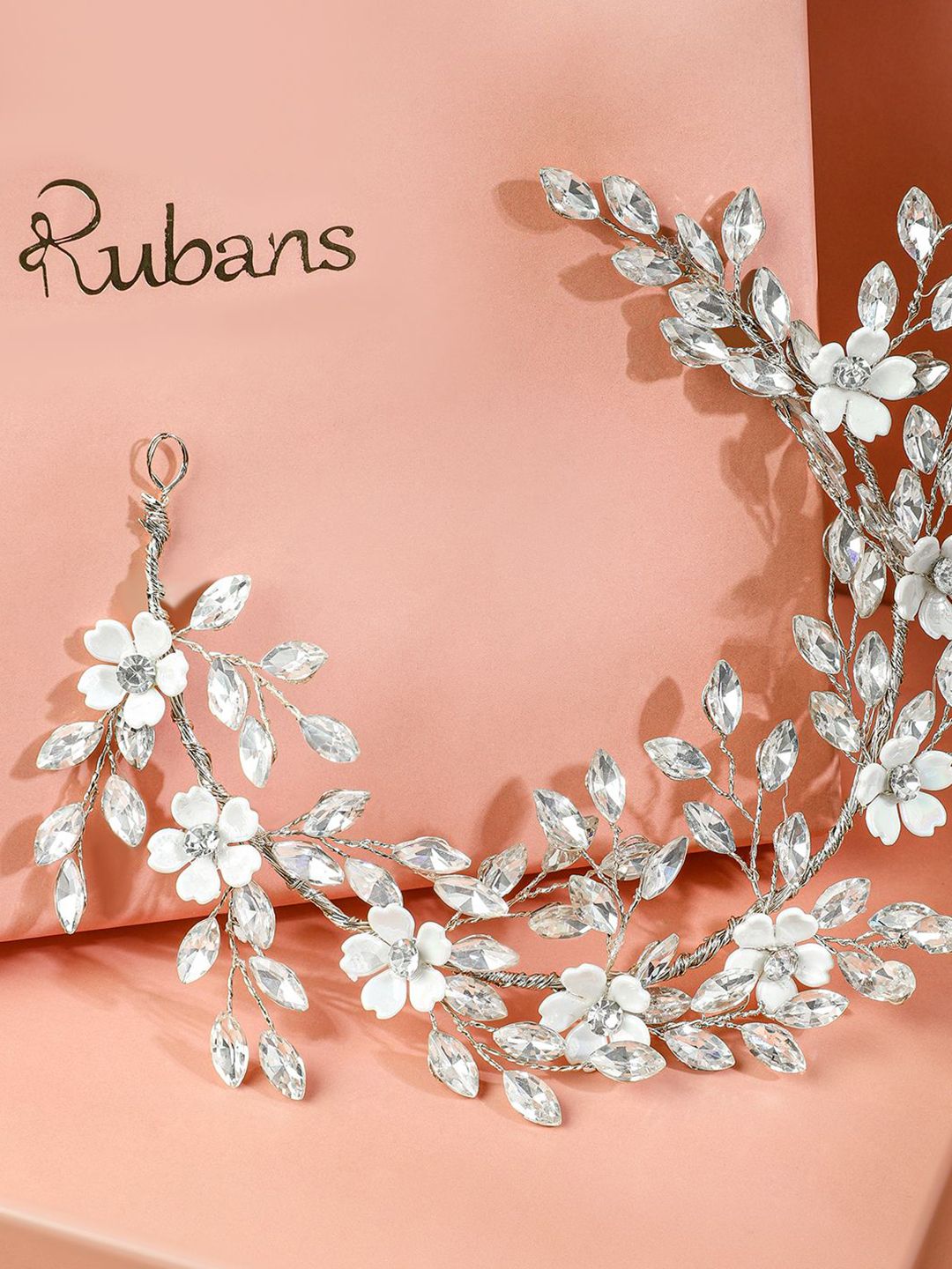 Rubans Silver-Toned Crystal Beaded Floral Tiara Hair Accessory with Pearls