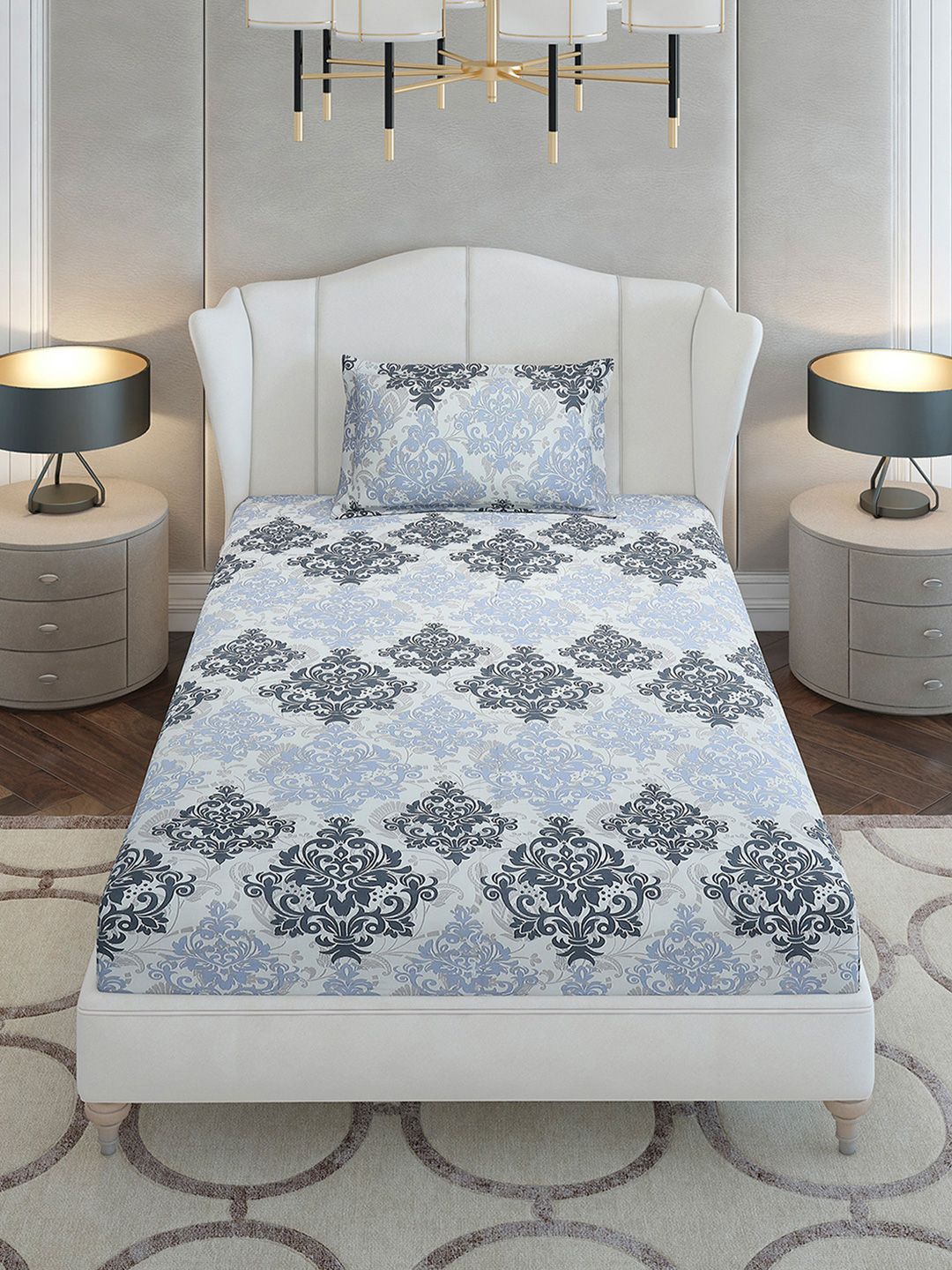 Monte Carlo Grey & Blue Ethnic Motifs Cotton 104 TC Single Bedsheet Set-2.24 m x 1.52 m