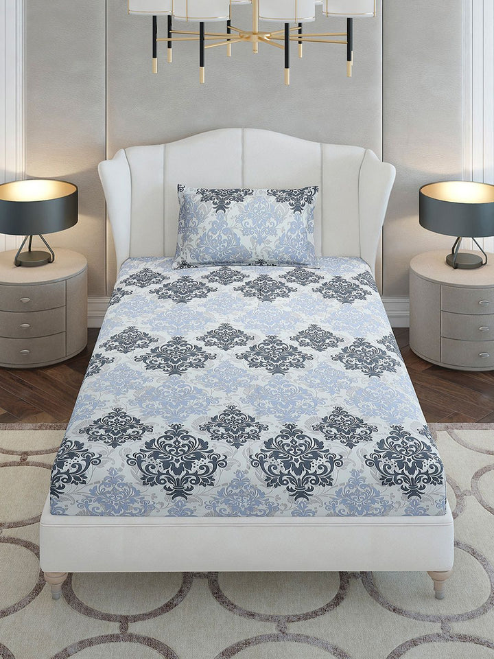 Monte Carlo Grey & Blue Ethnic Motifs Cotton 104 TC Single Bedsheet Set-2.24 m x 1.52 m