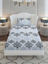 Monte Carlo Grey & Blue Ethnic Motifs Cotton 104 TC Single Bedsheet Set-2.24 m x 1.52 m