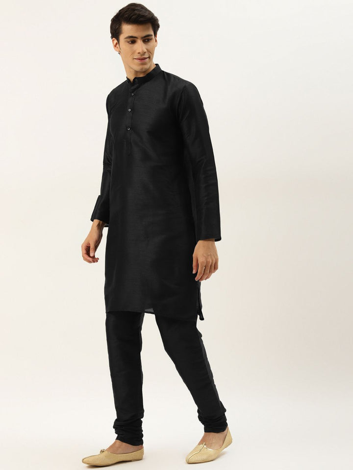 SOJANYA Men Black Solid Kurta with Churidar & Nehru Jacket