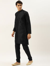 SOJANYA Men Black Solid Kurta with Churidar & Nehru Jacket