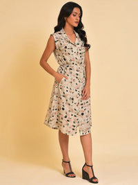 W Beige Abstract Printed Pure Cotton Shirt Style Dress