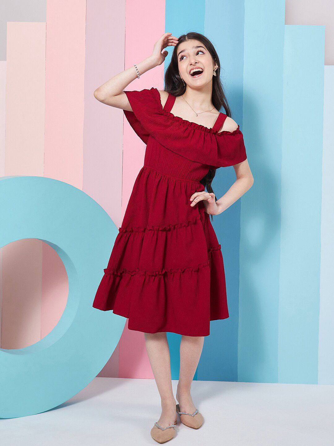 pspeaches Girls Shoulder Straps Cold-Shoulder Fit & Flare Dress