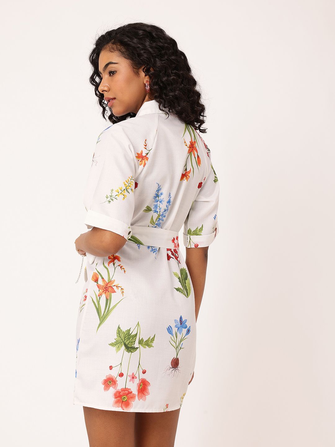 DressBerry Chic Charm Floral Printed Shirt Style Mini Dress With Waist Tie-Up