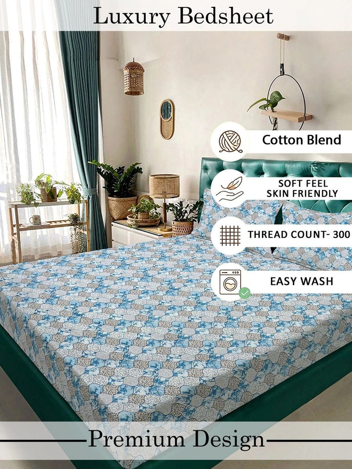 Moda Rapido X KLOTTHE Blue & White Floral 300 TC King Bedsheet with 2 Pillow Covers