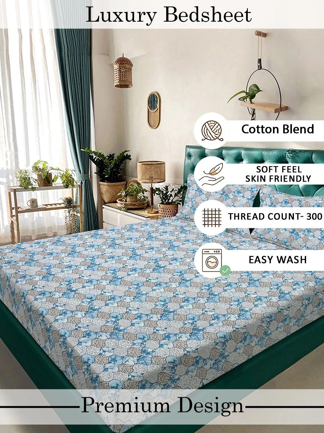 Moda Rapido X KLOTTHE Blue & White Floral 300 TC King Bedsheet with 2 Pillow Covers