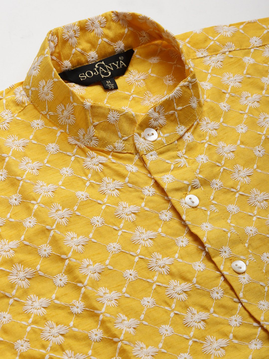 SOJANYA Kurta Kerja Benang Sulam Kuning & Putih Lelaki dengan Jaket Churidar & Nehru