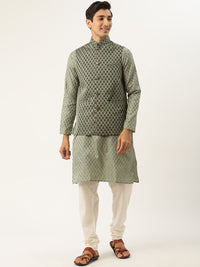 SOJANYA Men Green & Off-White Ethnic Motifs Kurta with Churidar & Nehru Jacket