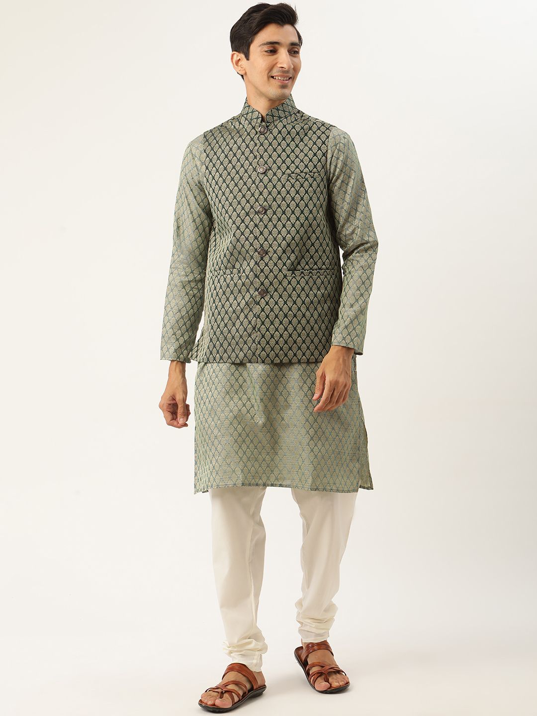 SOJANYA Men Green & Off-White Ethnic Motifs Kurta with Churidar & Nehru Jacket