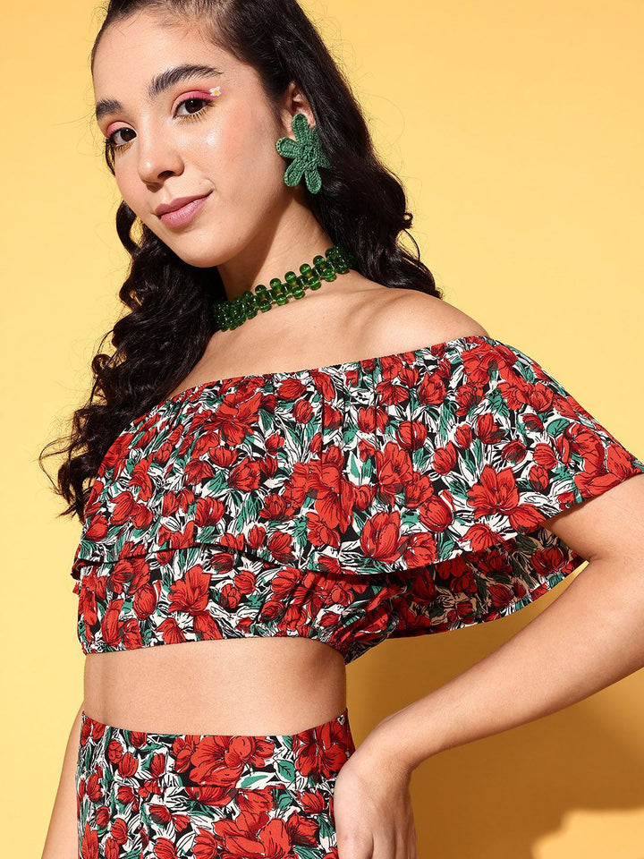 Berrylush Women Deep Red Printed Top with Skirt