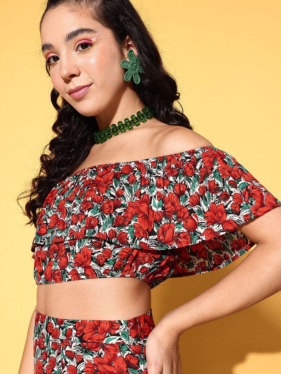 Berrylush Women Deep Red Printed Top with Skirt