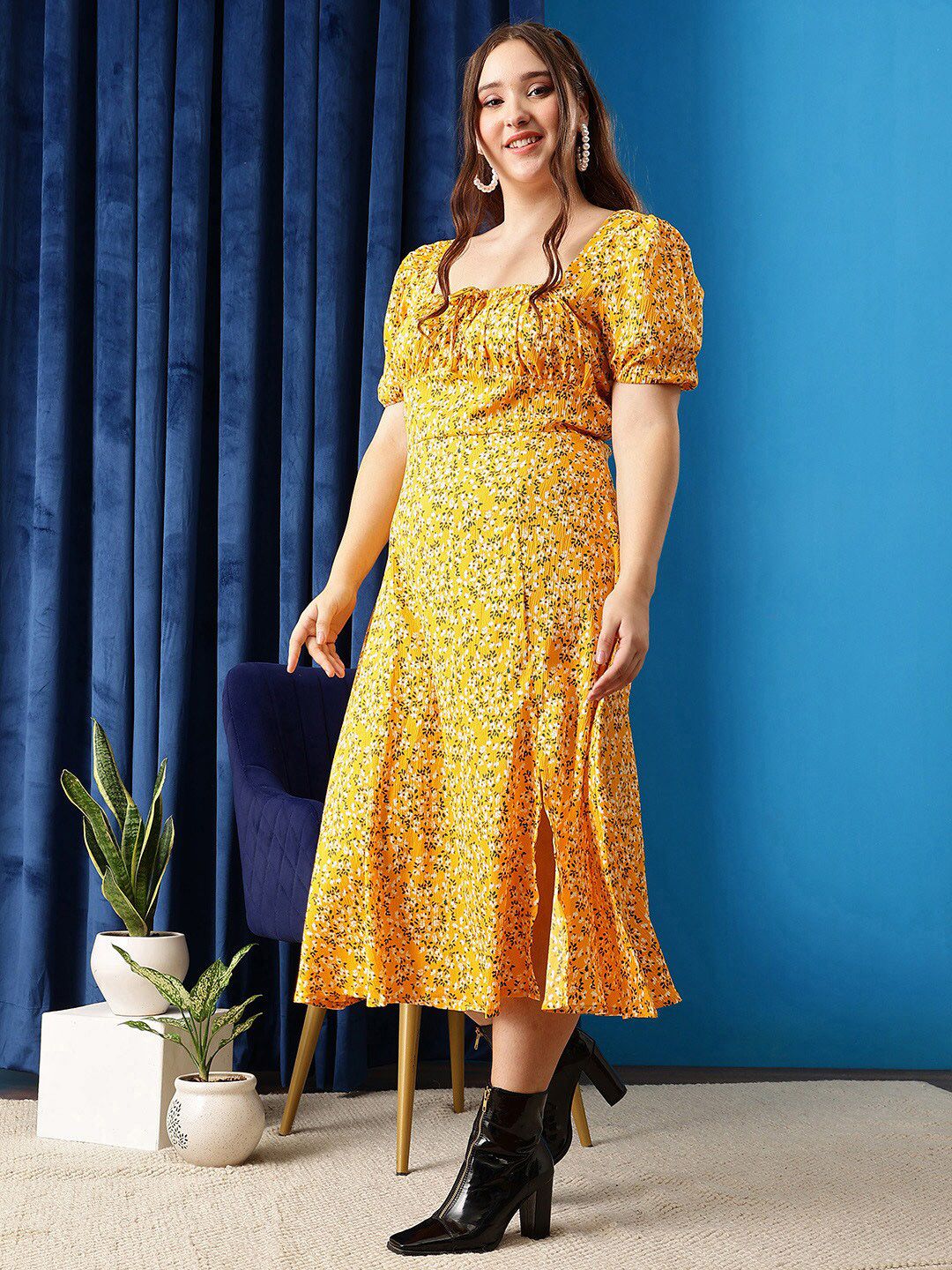 CURVY STREET Plus Size Floral Printed Square Neck Gathered Flounce A-Line Dress
