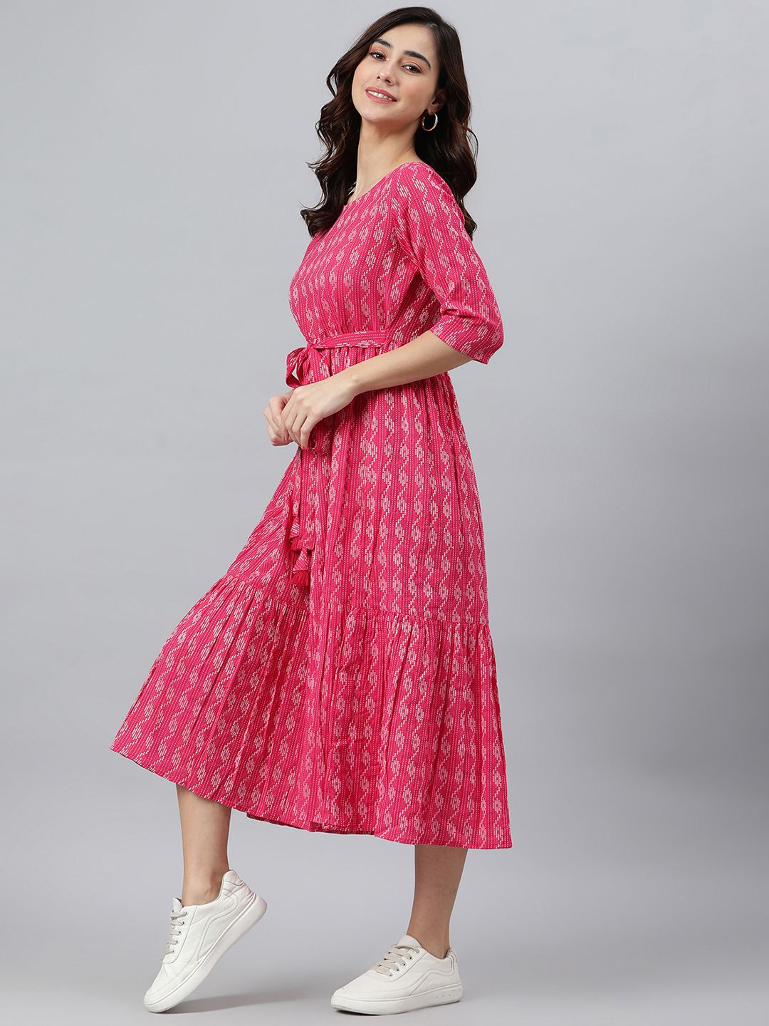 Janasya Women Pink Pure Cotton Woven Design Tiered Dress