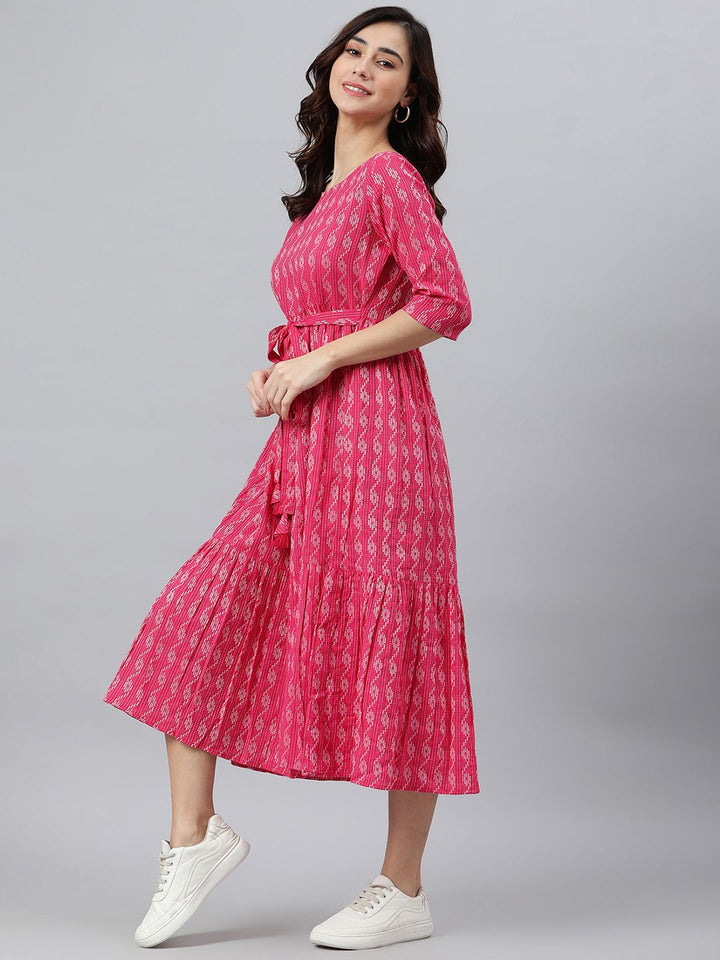 Janasya Women Pink Pure Cotton Woven Design Tiered Dress