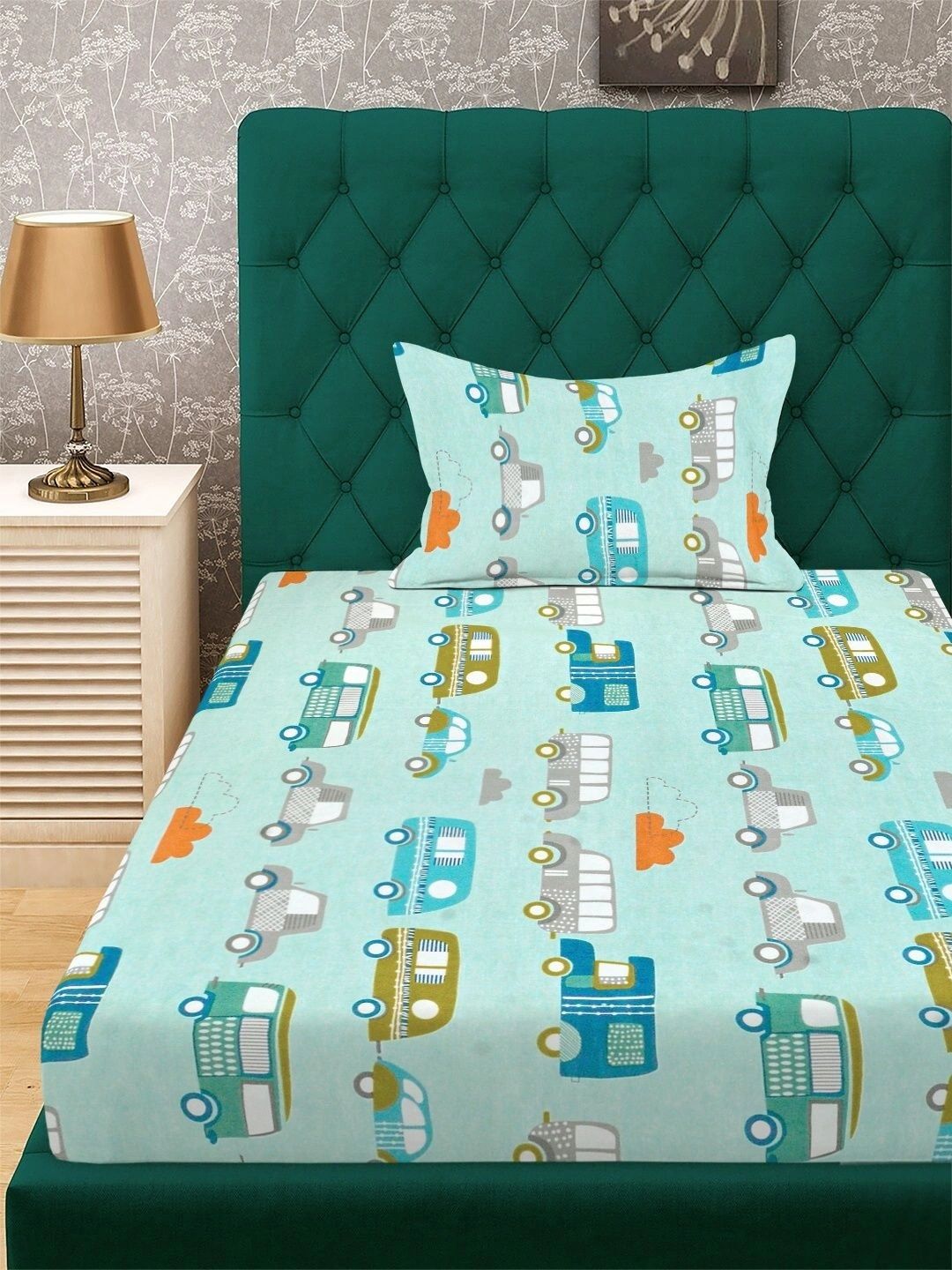 Moda Rapido X KLOTTHE Green Cartoon Characters 300 TC Single Bedsheet with 1 Pillow Covers