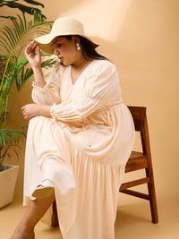 SASSAFRAS Curve Plus Size V-Neck Puff Sleeves Georgette Fit & Flare Tiered Midi Dress