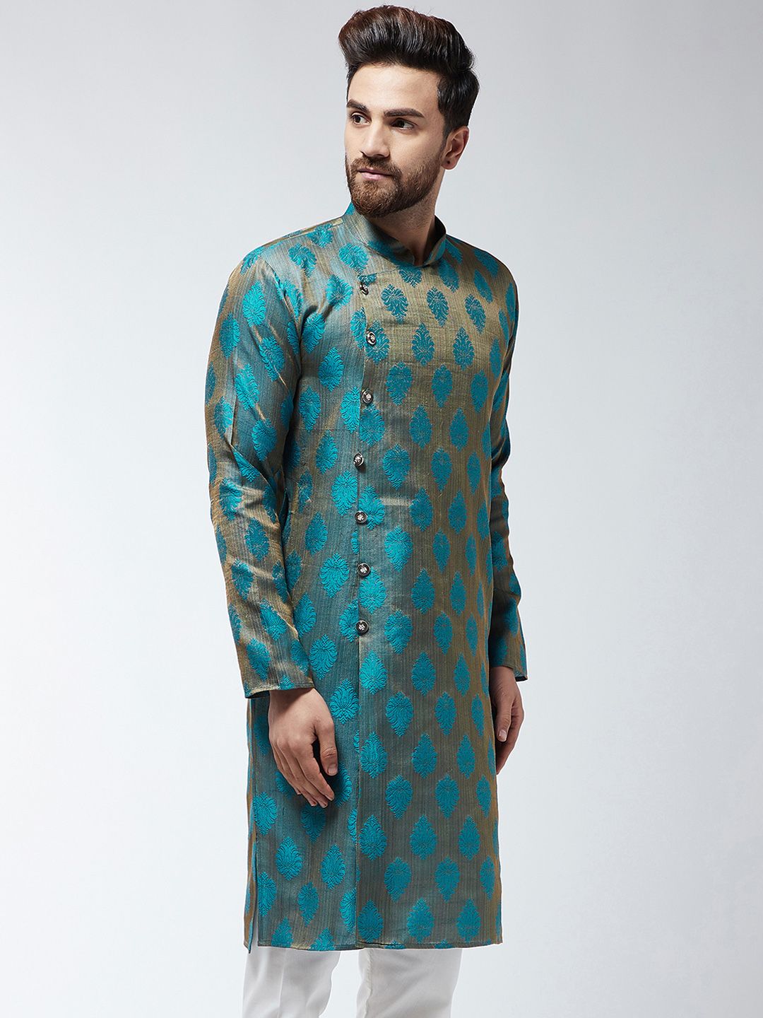 SOJANYA Men Teal & Beige Sulam Kurta Lurus
