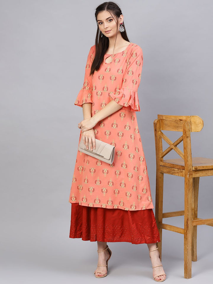 SOJANYA Women Orange & Red Printed A-Line Kurta