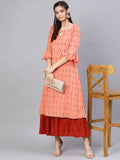 SOJANYA Women Orange & Red Printed A-Line Kurta