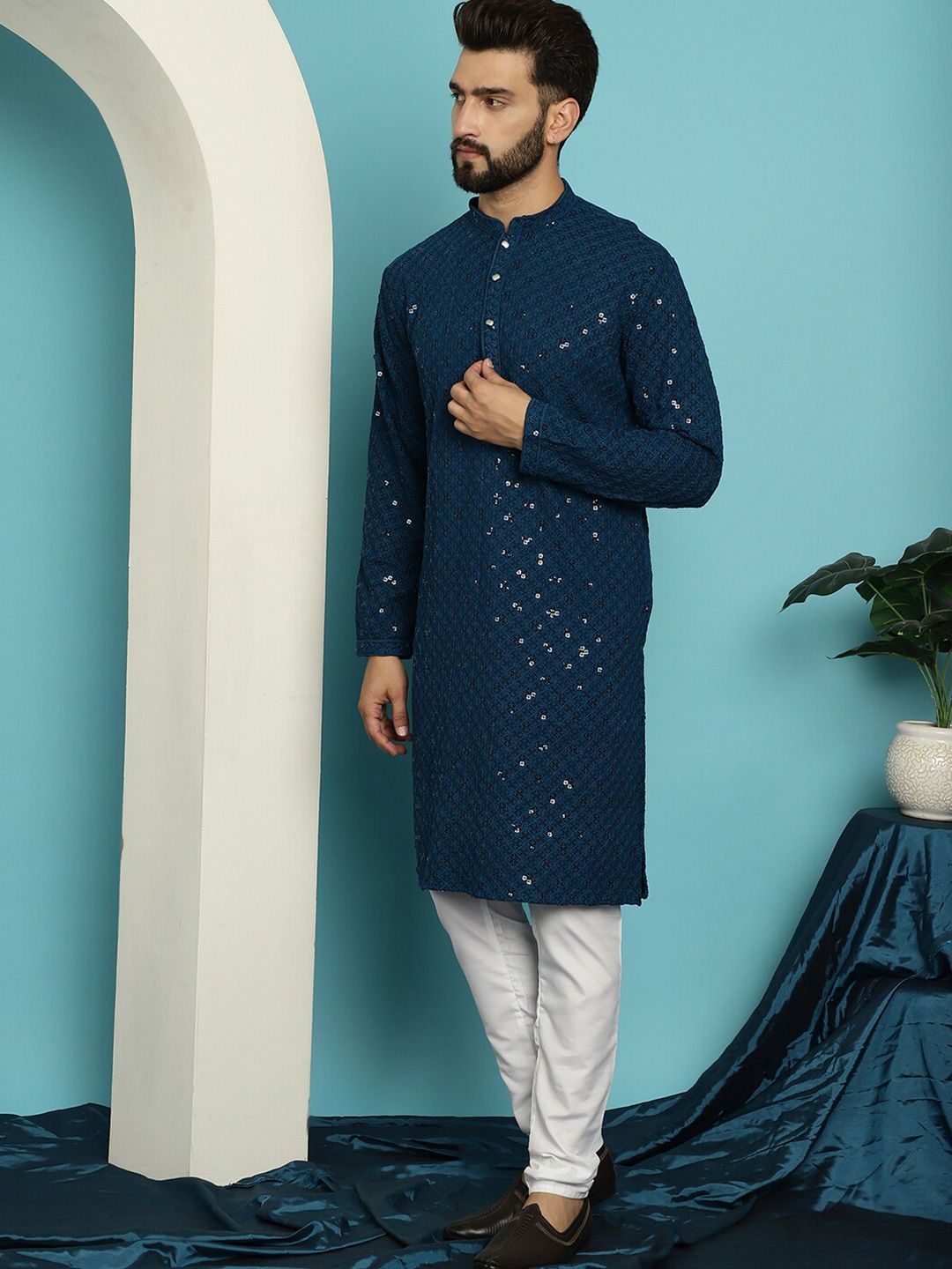 SOJANYA Geometric Embroidered Mandarin Collar Long Sleeves Pure Cotton Kurta With Churidar
