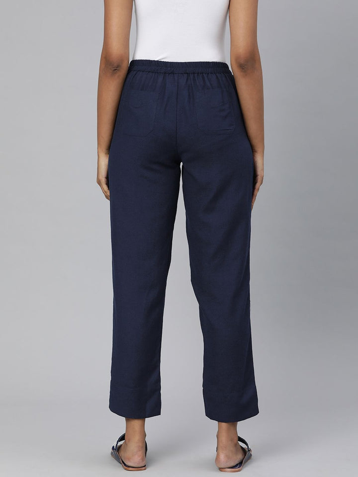 Global Desi Women Navy Blue Solid Straight Fit Trousers