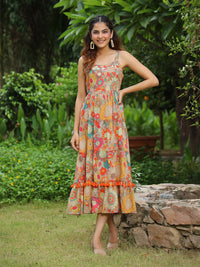 Rain & Rainbow Shoulder Strapped Floral Printed Fit and Flared Pure Cotton Midi Dress