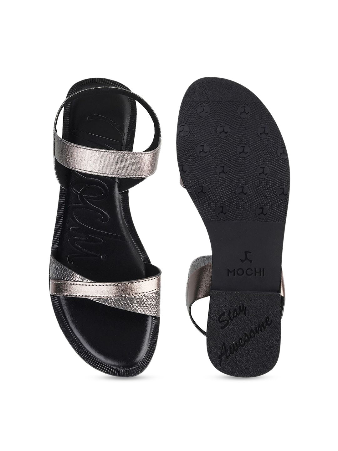 Mochi Women Grey Colourblocked Open Toe Flats