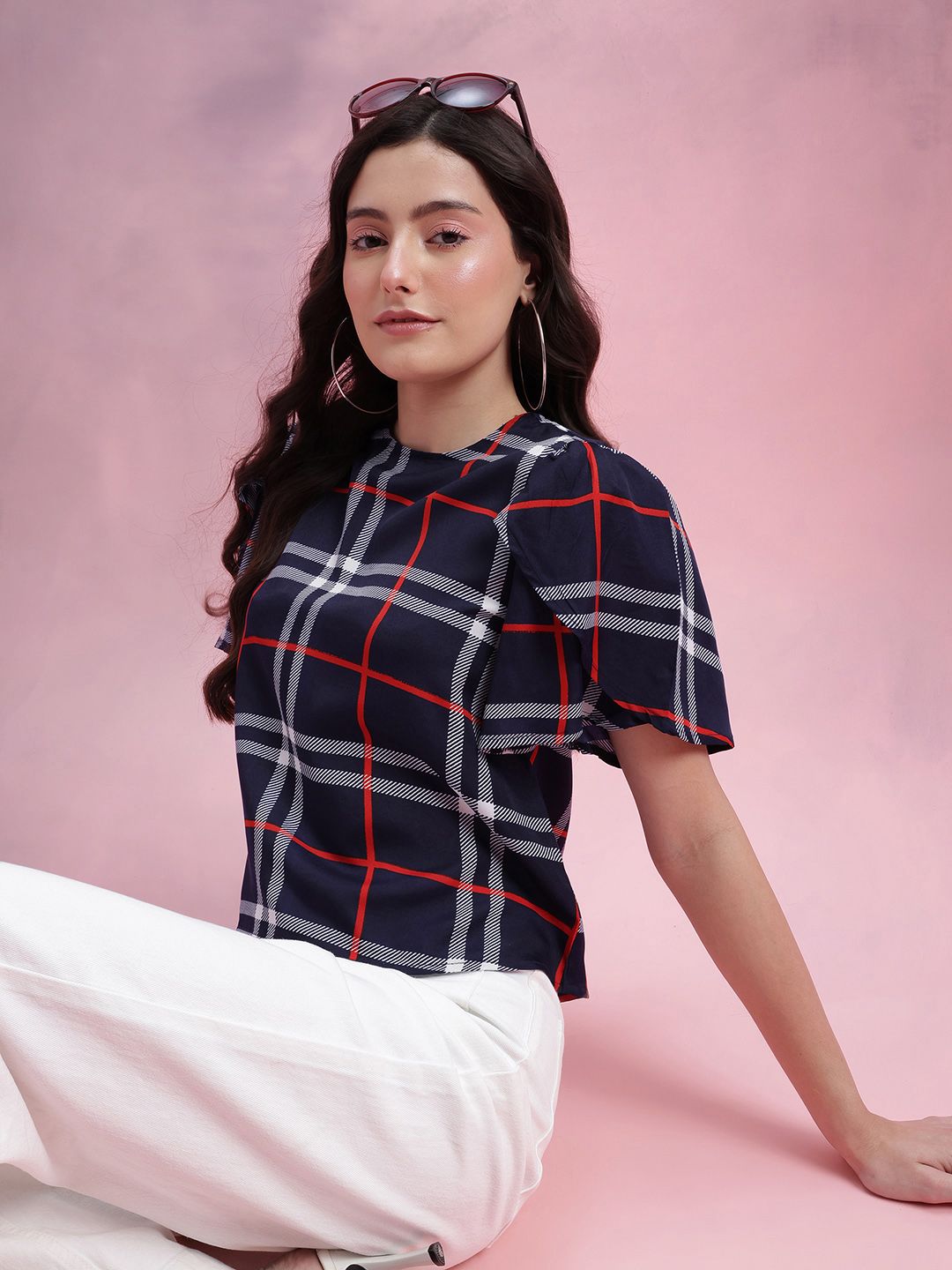 DressBerry Checked Tulip-Style Flared Sleeves Top