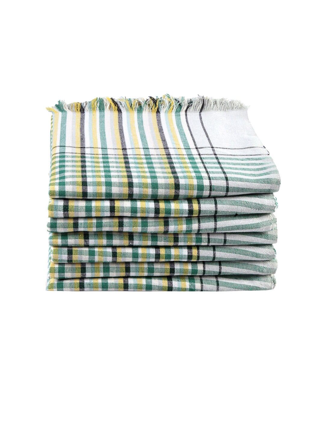 KLOTTHE Unisex Set Of 7 White & Green Checked 233 GSM Bath Towels