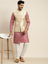 SOJANYA Ethnic Motif Woven Design Mandarin Collar Kurta With Churidar & Nehru Jacket