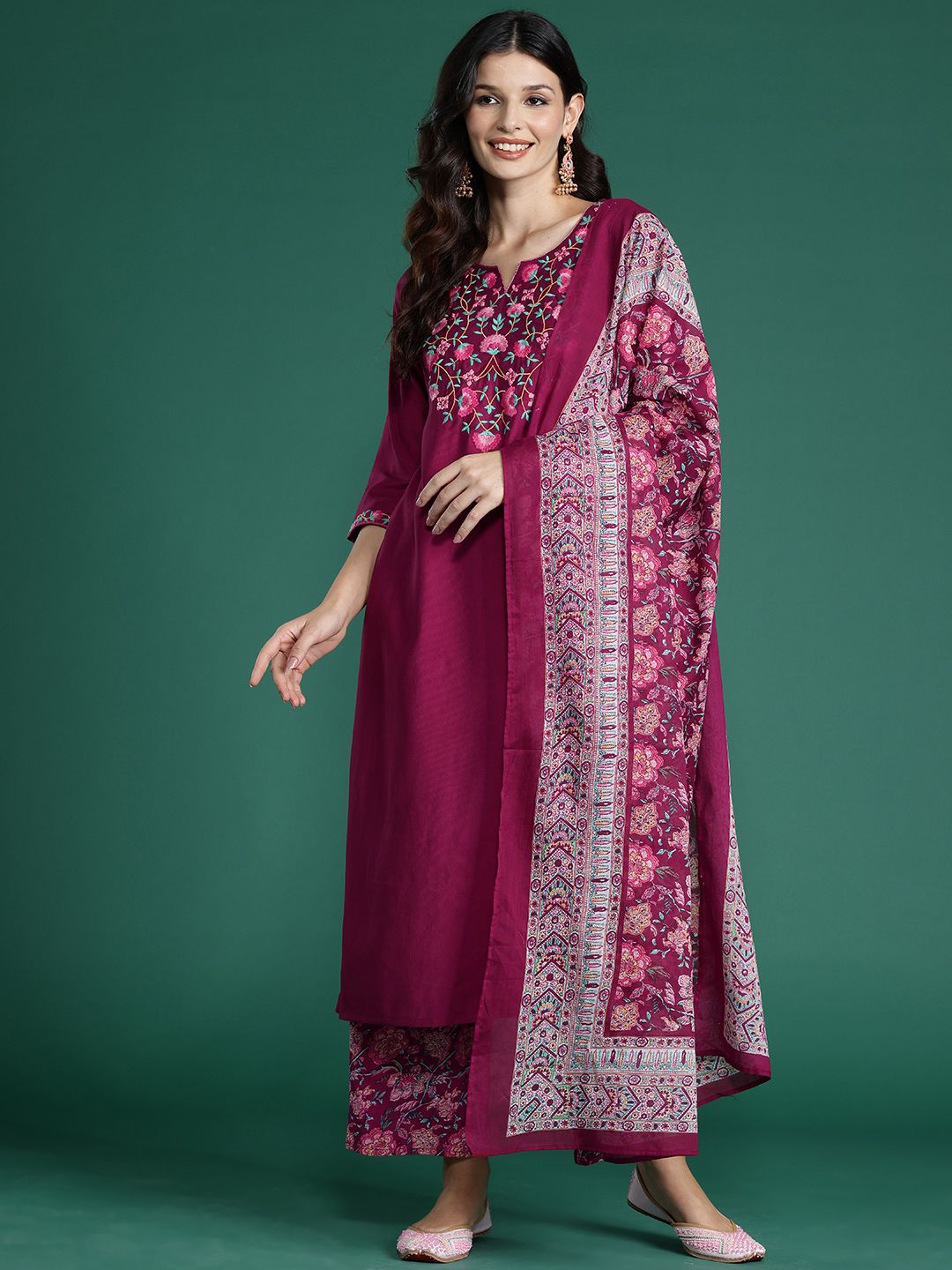Indo Era Floral Embroidered  Thread Work Kurta With Palazzos & Dupatta