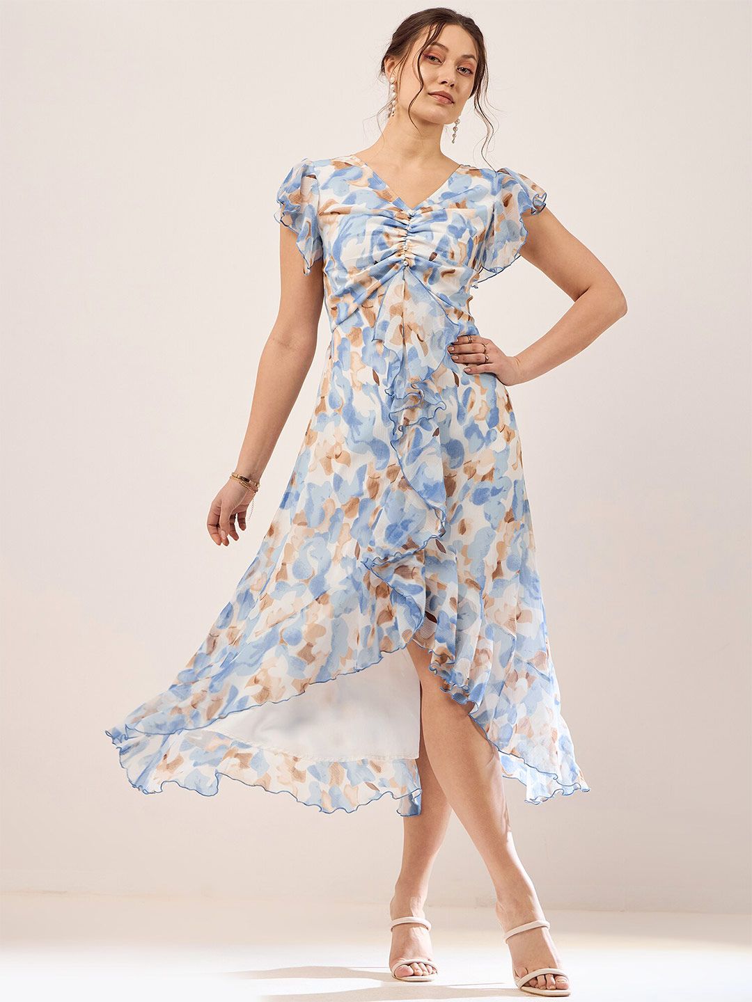Antheaa Blue Floral Printed Puff Sleeves Gathered Ruffles Chiffon Fit & Flare Midi Dress