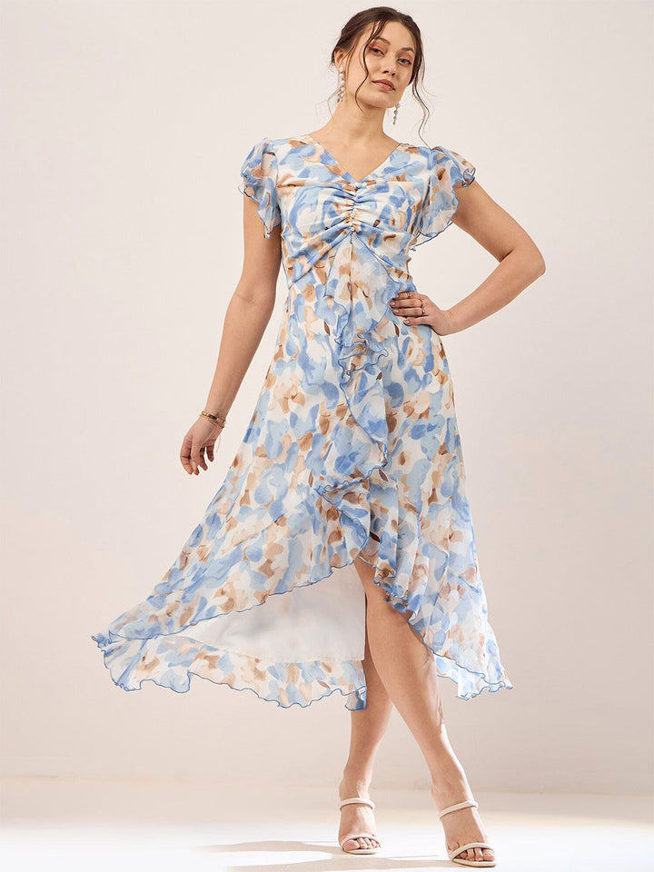 Antheaa Blue Floral Printed Puff Sleeves Gathered Ruffles Chiffon Fit & Flare Midi Dress