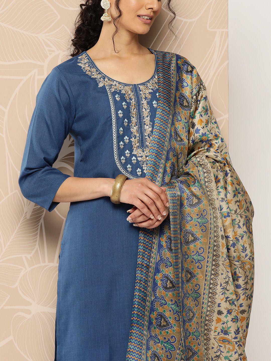 Varanga Blue Yoke Embroidered Kurta with Trouser and Dupatta