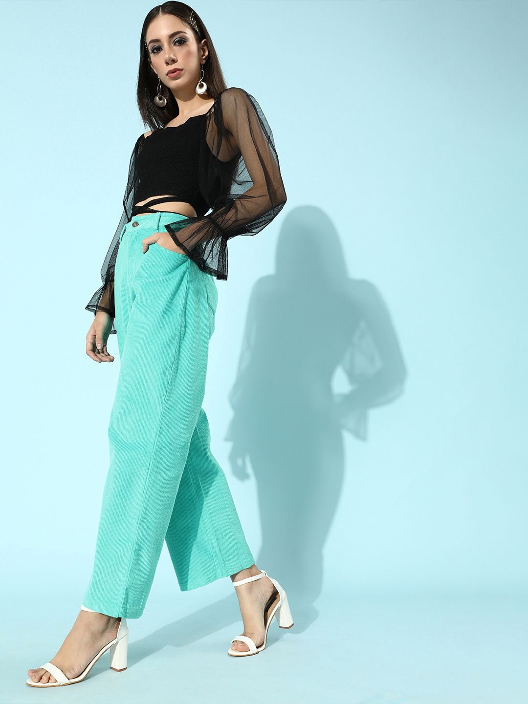 SASSAFRAS Women Green Straight Fit High-Rise Corduroy Chinos Trousers