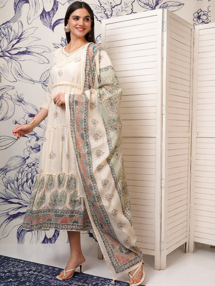 Vishudh White Printed Gathered Midi Fit & Flare Ethnic Dresses With Dupatta & Belt