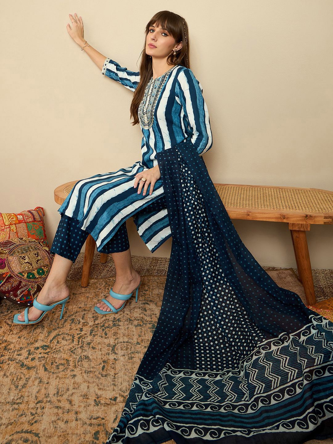 Indo Era Striped Sequinned Straight Kurta With Trousers & Dupatta