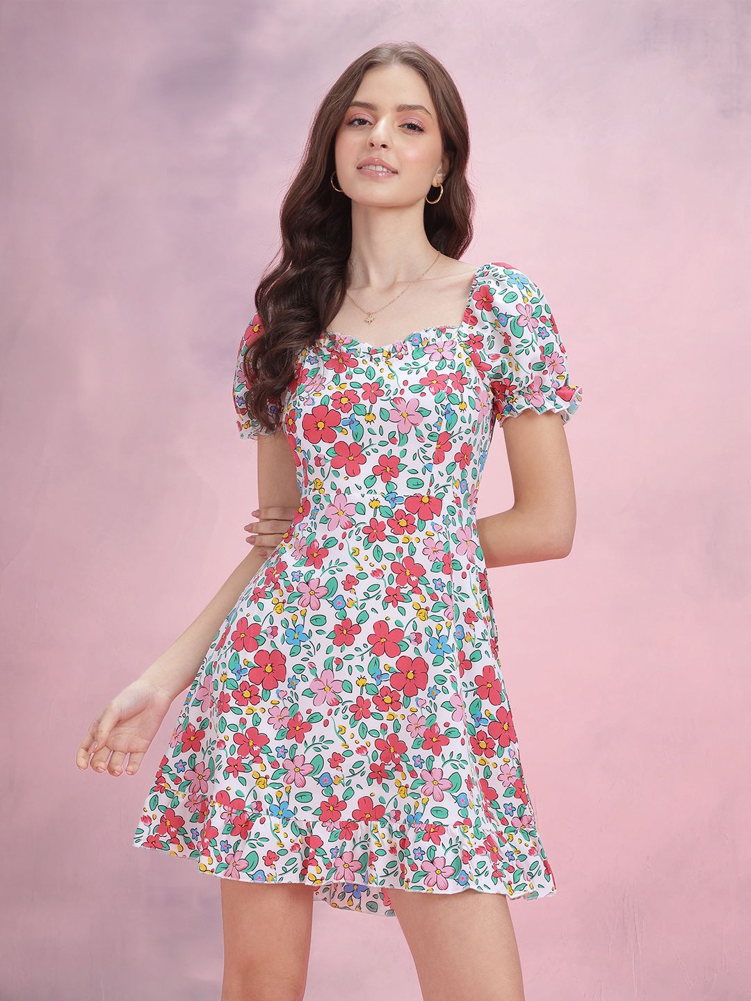 DressBerry Floral Printed Puff Sleeve A-Line Dress