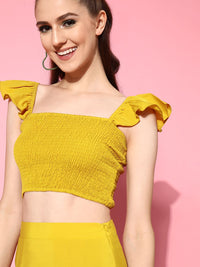 Berrylush Women Gorgeous Yellow Self-Design Top with Solid Skirt