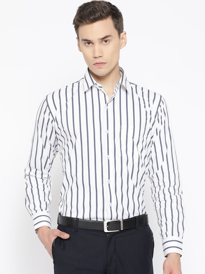 Hancock Men White & Navy Blue Slim Fit Formal Shirt