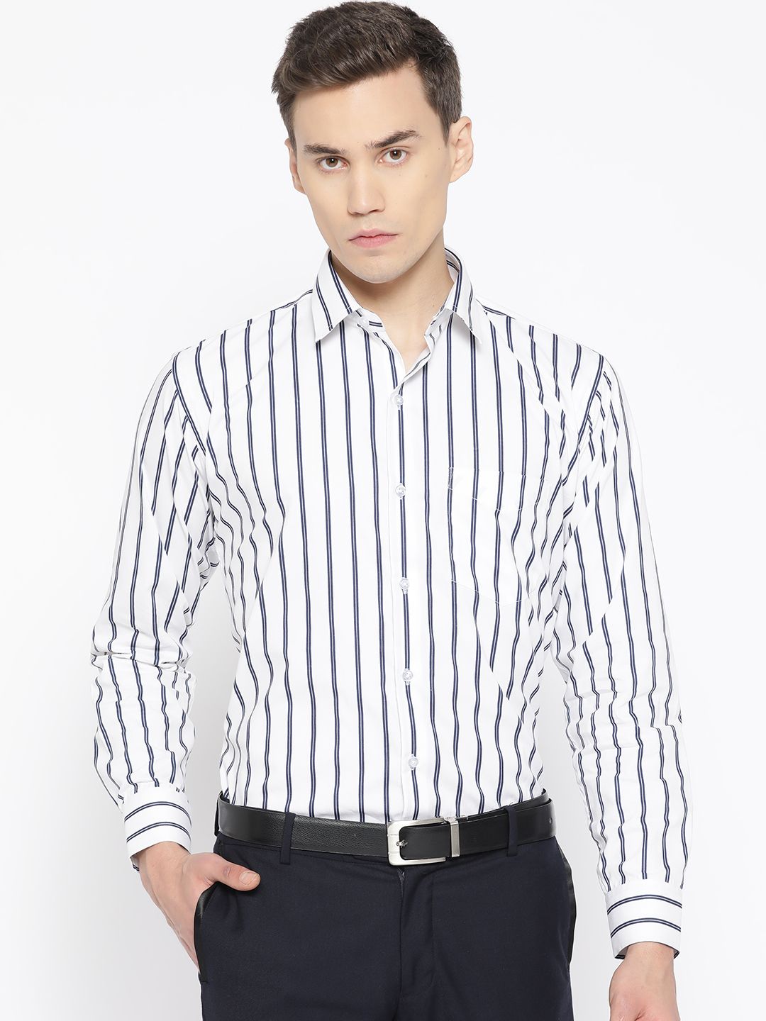 Hancock Men White & Navy Blue Slim Fit Formal Shirt