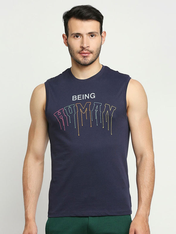 Being Human Men Navy Blue Typography Printed T-shirt