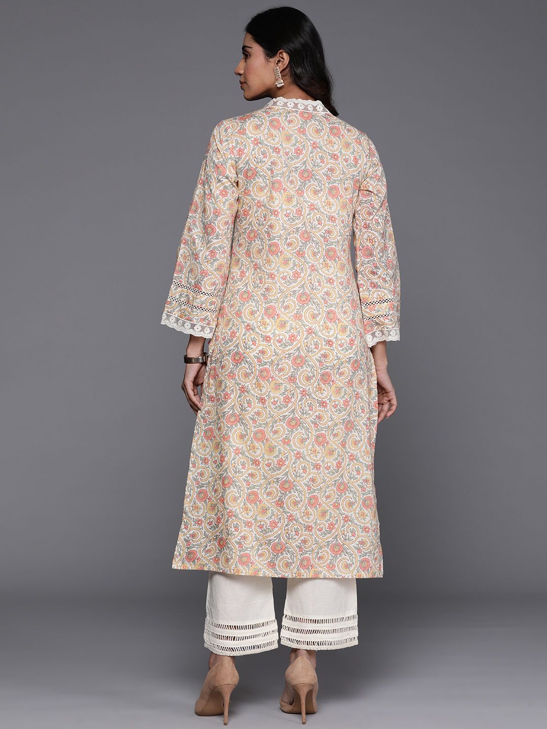 Varanga Off White Ethnic Floral Printed V Neck Flared Sleeves Lace Pure Cotton Kurta