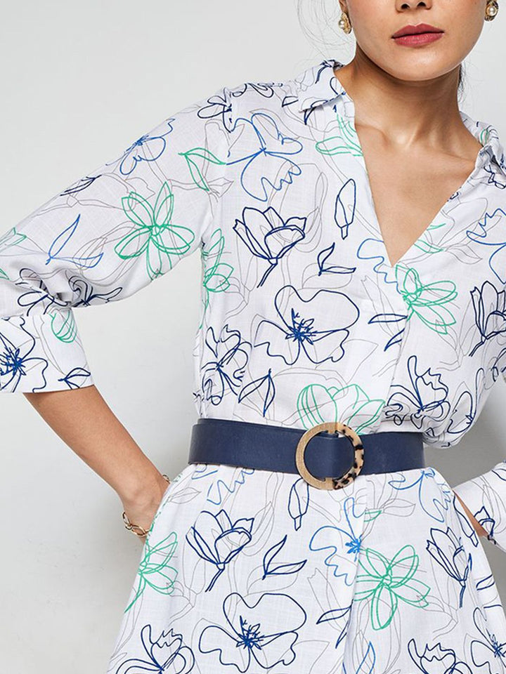 AND Print Mandarin Collar Roll-Up Sleeves Shirt Style Top