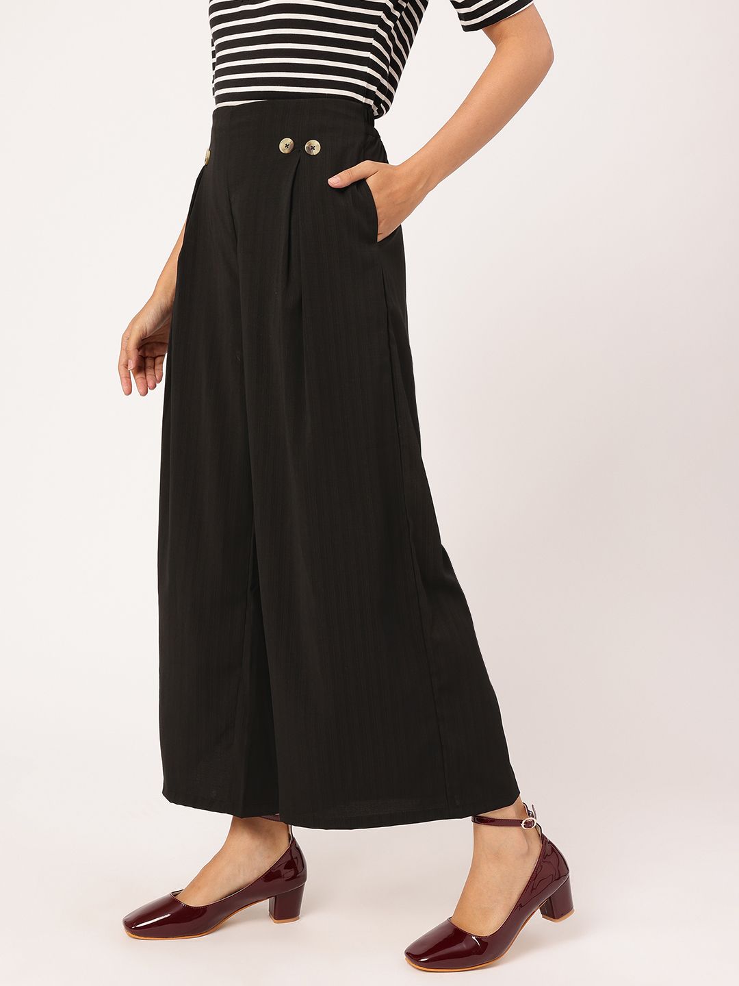 DressBerry Women Button-Detail High-Rise Pleated Flared Trousers