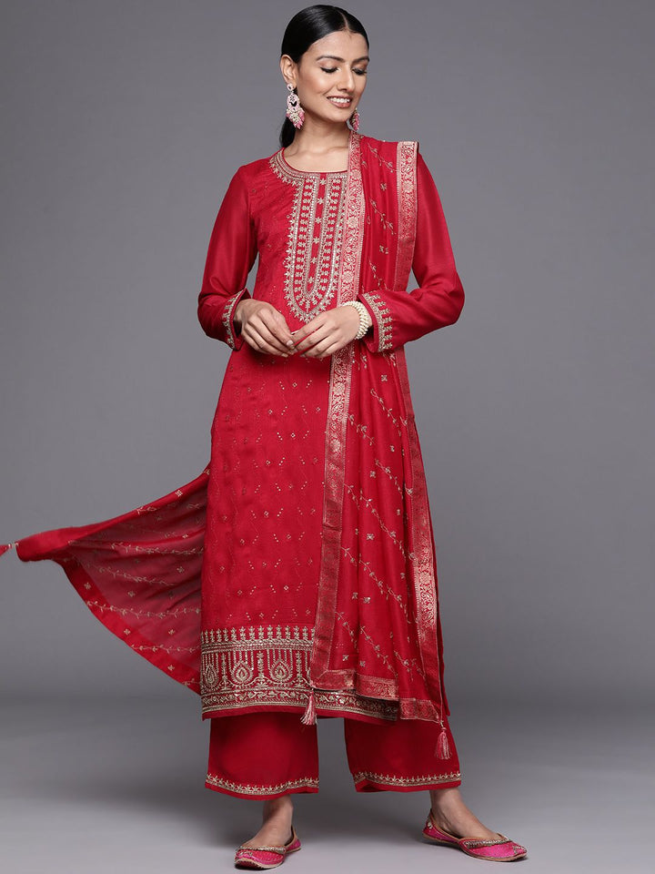 Libas Women Magenta Floral Embroidered Kurta with Palazzos & Dupatta