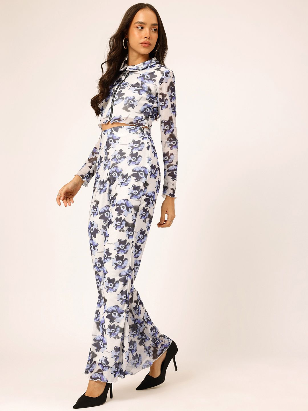 DressBerry Floral Printed Breezy Mesh Fabric Co-Ord Set